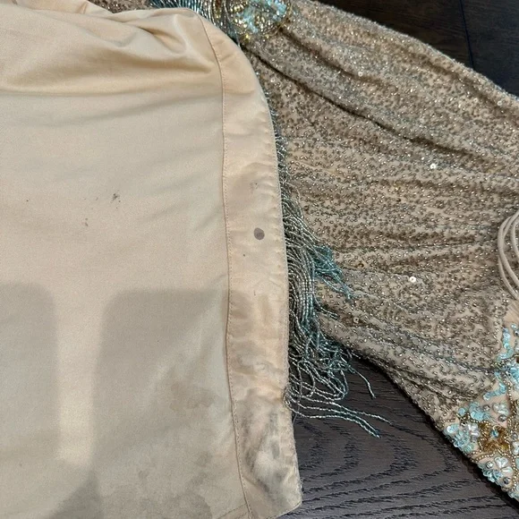 Rare hard to find Sherri Hill 54140 Gold Aqua Beaded Backless Prom Evening Gown